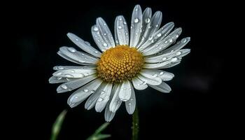 vibrant camomille fleur reflète dans humide noir arrière-plan, beauté généré par ai photo