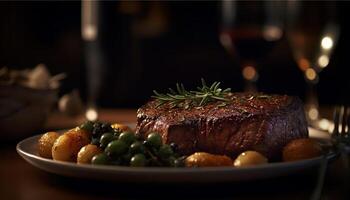 juteux grillé filet steak avec préparé Patate et mûr légume généré par ai photo