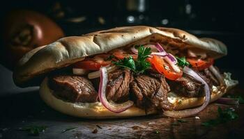 grillé du boeuf Burger sur pain ciabatta avec Frais tomate et oignon généré par ai photo