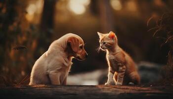 espiègle chiot et chaton séance en plein air, profiter la nature beauté généré par ai photo