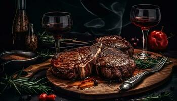 grillé steak sur rustique bois table avec rouge du vin boisson généré par ai photo