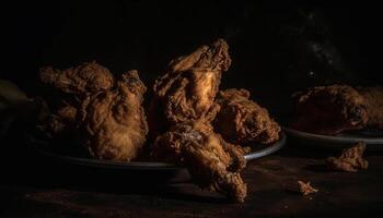 Frais Fruit de mer repas cuisine sur argile assiette dans noir Contexte généré par ai photo