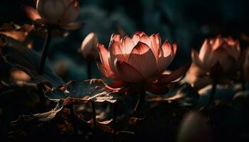 tranquille scène de multi coloré lotus l'eau lis dans formel jardin généré par ai photo