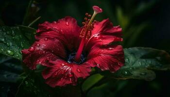 vibrant hibiscus fleurir, rosée laissez tomber sur pétale, la nature décoration généré par ai photo
