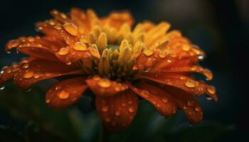 vibrant gerbera Marguerite fleur dans humide prairie, concentrer sur premier plan généré par ai photo