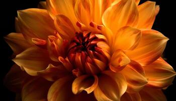 vibrant Jaune dahlia fleur sur noir arrière-plan, une été beauté généré par ai photo