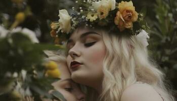 magnifique Jeune femme avec blond cheveux détient Jaune fleur bouquet généré par ai photo