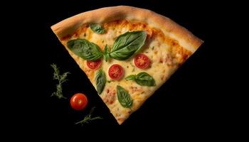 fraîchement cuit Pizza tranche avec mozzarella, tomate, et herbes généré par ai photo