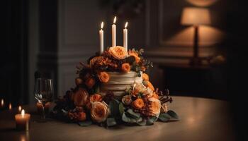 aux chandelles illumine élégant table avec Chocolat dessert et fleur décoration généré par ai photo