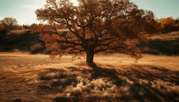 tranquille l'automne prairie, rétro-éclairé par coucher de soleil, entouré par forêt croissance généré par ai photo