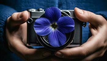 caucasien main en portant vieux façonné caméra, se concentrer sur fleur généré par ai photo