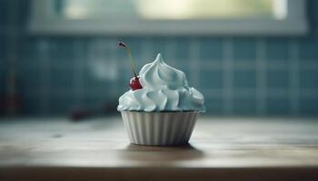 mignonne petit gâteau avec fouetté crème et baie fruit décoration sur table généré par ai photo