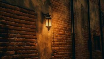rouillé lanterne illumine vieux brique mur dans foncé architecture Contexte généré par ai photo