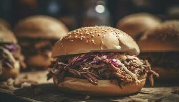 grillé tiré porc sandwich avec Salade De Chou sur rustique chignon, prêt à manger généré par ai photo