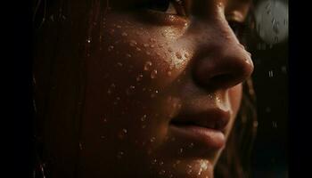 un magnifique femme souriant, yeux fermé, profiter goutte de pluie fraîcheur généré par ai photo