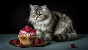 duveteux chaton se livre dans gourmet framboise dessert sur Jaune table généré par ai photo