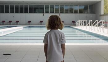 les enfants nager dans piscine, adultes debout, profiter loisir activité généré par ai photo