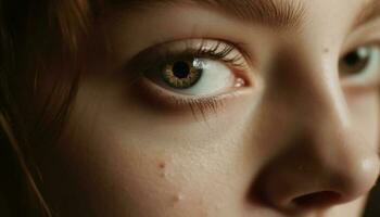 mignonne caucasien fille regarder à caméra avec innocent bleu yeux généré par ai photo