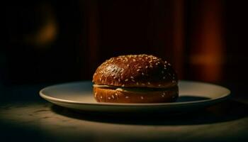 proche en haut de mauvais pour la santé cheeseburger sur assiette avec frites et oignon généré par ai photo
