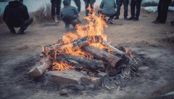 embrasé flammes chaleur en haut le Naturel feu de camp, brûlant bois de chauffage et charbon généré par ai photo