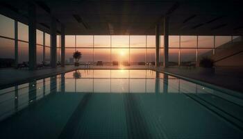moderne architecture reflète dans vide nager bassin à crépuscule généré par ai photo