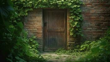 abandonné vieux ferme bâtiment avec rouillé fermer à clé et patiné brique mur généré par ai photo