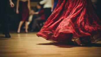 élégant femmes dans soie jupes Danse sur étape dans velours sol généré par ai photo