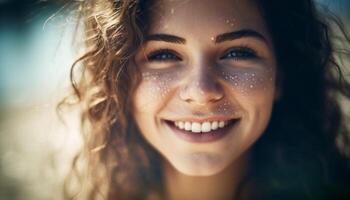 souriant Jeune adulte femme profiter été beauté et bonheur en plein air généré par ai photo