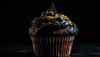 fraîchement cuit Chocolat puce muffin avec crémeux glaçage sur Haut généré par ai photo