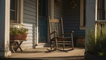 confortable rustique chaise sur porche entouré par la nature tranquillité généré par ai photo