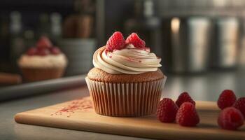 fraîchement cuit baie petits gâteaux avec framboise glaçage, une sucré indulgence généré par ai photo