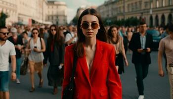 une groupe de à la mode Jeune adultes en marchant en plein air dans le ville généré par ai photo