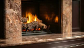 confortable bois brûlant le fourneau à l'intérieur de rustique maison, embrasé chaleur généré par ai photo