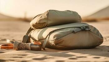 le coucher du soleil randonnée aventure explorant Afrique sablonneux littoral avec sac à dos équipement généré par ai photo
