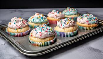 multi coloré gourmet petits gâteaux avec sucré glaçage et mignonne décorations généré par ai photo