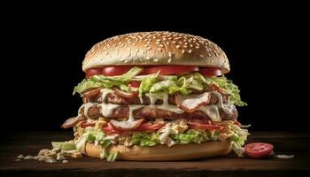 grillé du boeuf Burger avec fromage, tomate, oignon, et rustique chignon généré par ai photo