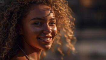 souriant Jeune femme avec frisé cheveux profiter loisir activité en plein air généré par ai photo