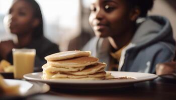 Jeune femmes souriant, profiter fait maison Crêpes sur assiette à table généré par ai photo