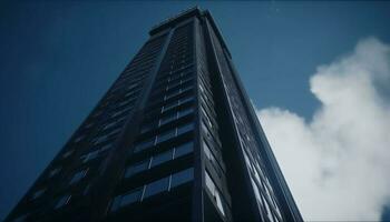 futuriste gratte-ciel reflète bleu ciel dans moderne verre façade généré par ai photo