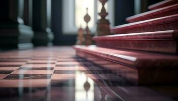 religieux élégance dans ancien bibliothèque avec marbre sol et escalier généré par ai photo