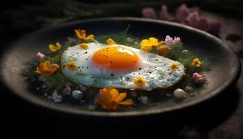 en bonne santé gourmet repas avec biologique légume et Frais fleur garnir généré par ai photo