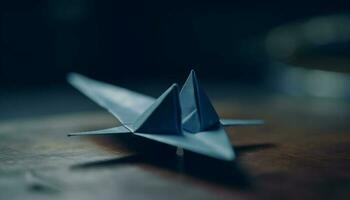 origami papier bateau voiles sur bleu eau, une Créatif périple généré par ai photo
