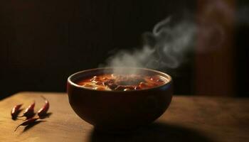 en bonne santé fumant soupe dans gourmet bol avec Frais porc Viande généré par ai photo