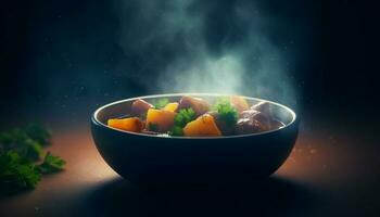 en bonne santé végétarien repas cuit avec Frais biologique Ingrédients sur bois table généré par ai photo