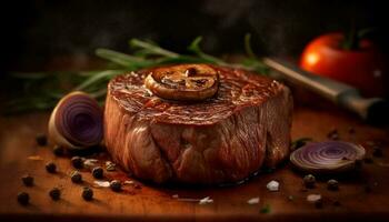 grillé du boeuf steak sur rustique bois table avec Frais des légumes généré par ai photo