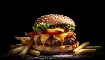 grillé cheeseburger repas avec Frais tomate et français frites sur noir généré par ai photo