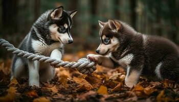 mignonne chiot en jouant avec corde dans l'automne forêt avec copains généré par ai photo