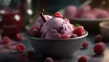 Frais baie dessert avec fait maison fraise la glace crème et congelé yaourt généré par ai photo