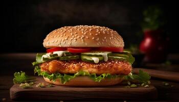 grillé gourmet cheeseburger sur rustique en bois table avec Frais des légumes généré par ai photo