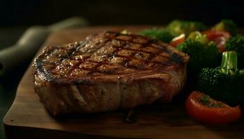 grillé filet steak avec Frais des légumes sur rustique en bois assiette généré par ai photo